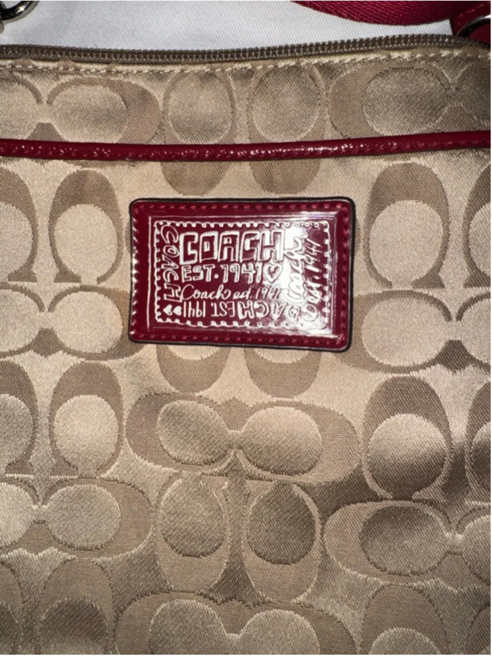 Coach Signature File Bag Crossbody Khaki Red Patent Trim Y2K Mini Messenger